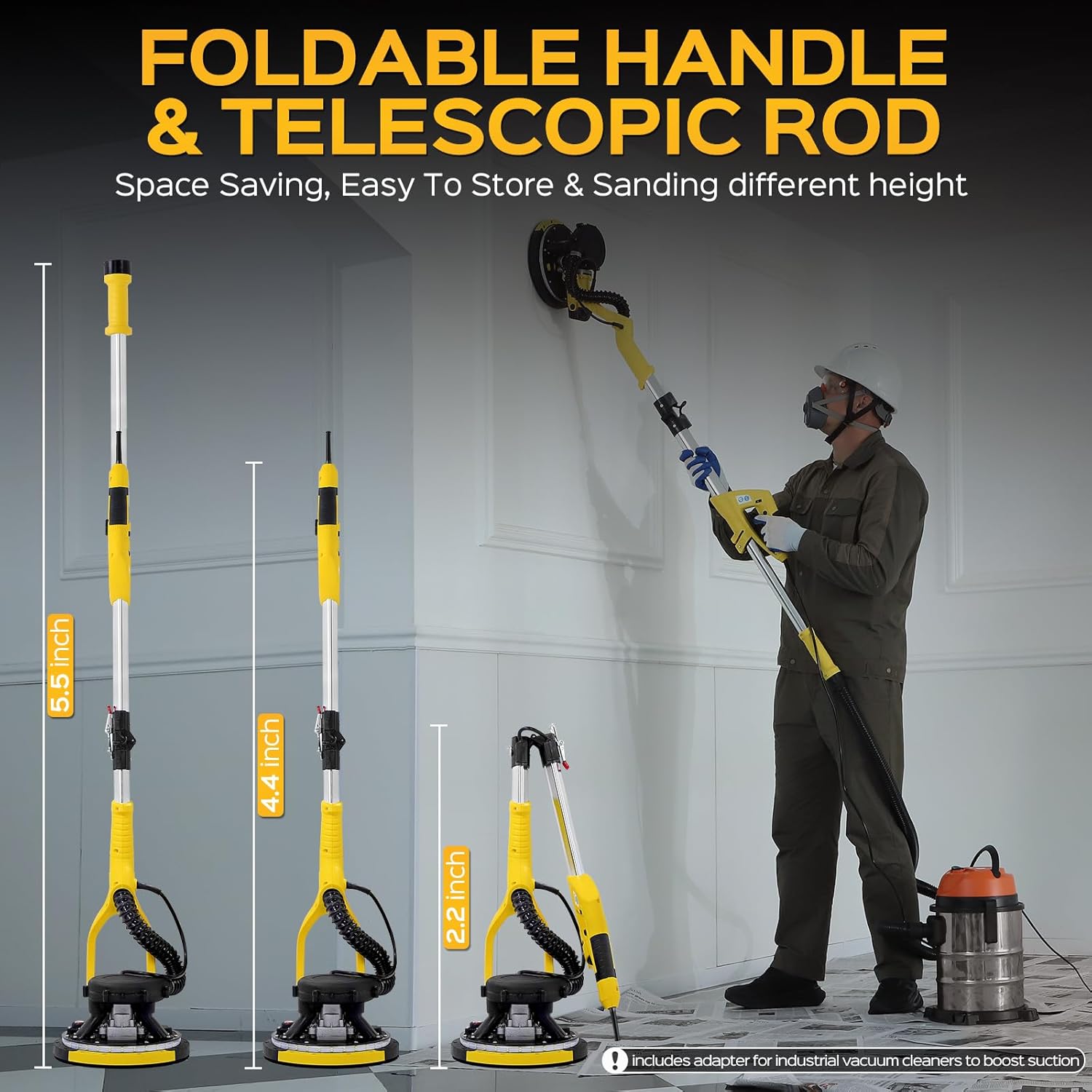 Drywall Sander Tool, LUCKOUT 8.5 Amp Popcorn Ceiling Removal Tool with 7 Variable Speed 800-1800RPM, Electric Drywall Sander with Extendable Handle, LED Light,6 Basic Sand Paper & 6 Grid Sandpaper