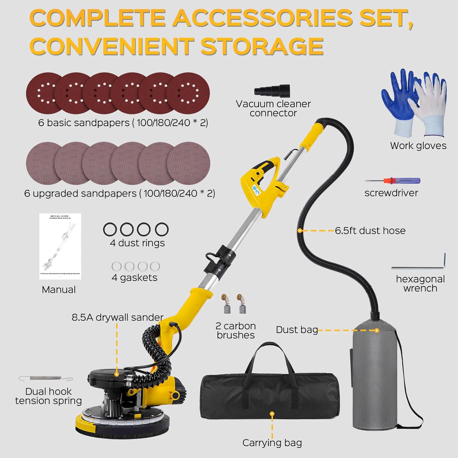 Drywall Sander Tool, LUCKOUT 8.5 Amp Popcorn Ceiling Removal Tool with 7 Variable Speed 800-1800RPM, Electric Drywall Sander with Extendable Handle, LED Light,6 Basic Sand Paper & 6 Grid Sandpaper
