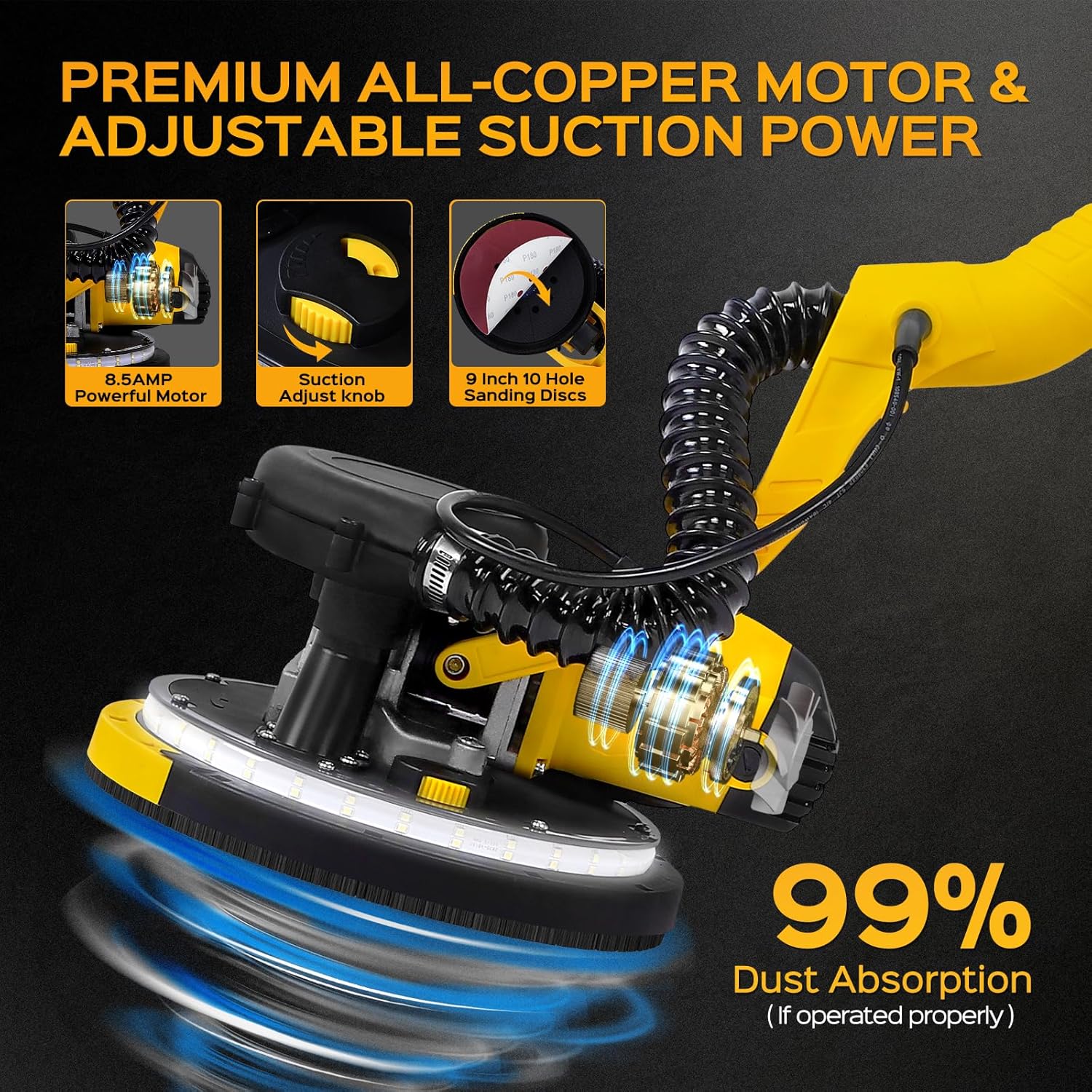 Drywall Sander Tool, LUCKOUT 8.5 Amp Popcorn Ceiling Removal Tool with 7 Variable Speed 800-1800RPM, Electric Drywall Sander with Extendable Handle, LED Light,6 Basic Sand Paper & 6 Grid Sandpaper